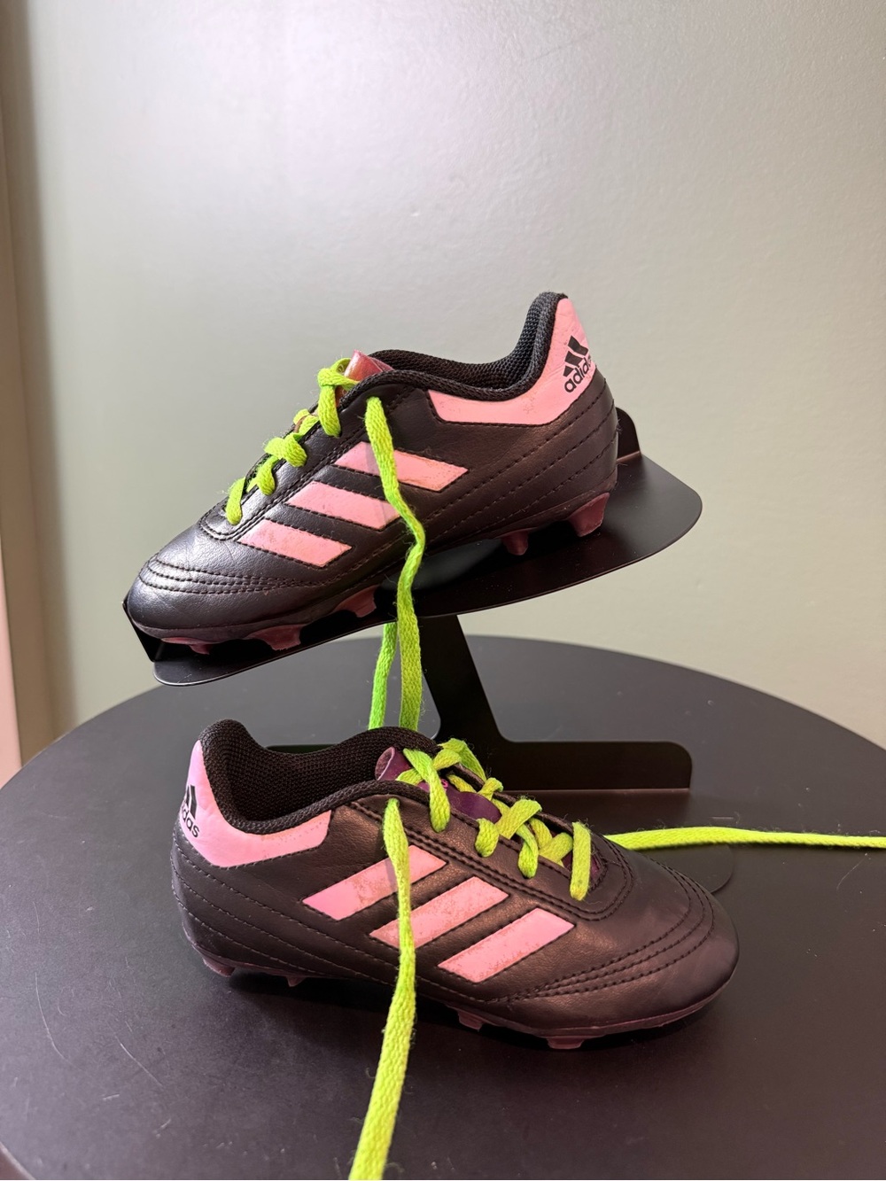 Adidas Kids Black & Pink Soccer Cleats with Neon Green Laces